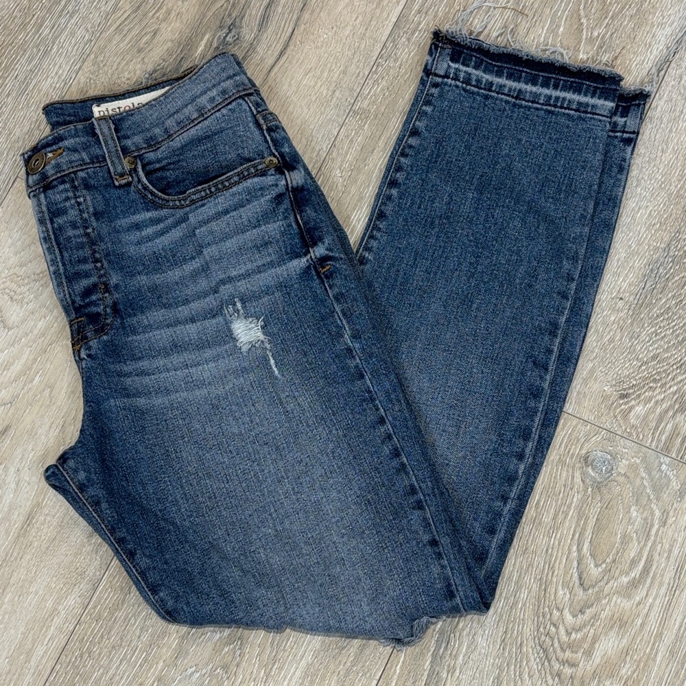 Pistola Dark Indigo Skinny Jeans with Subtle Distress Size 25 Raw Hem button fly